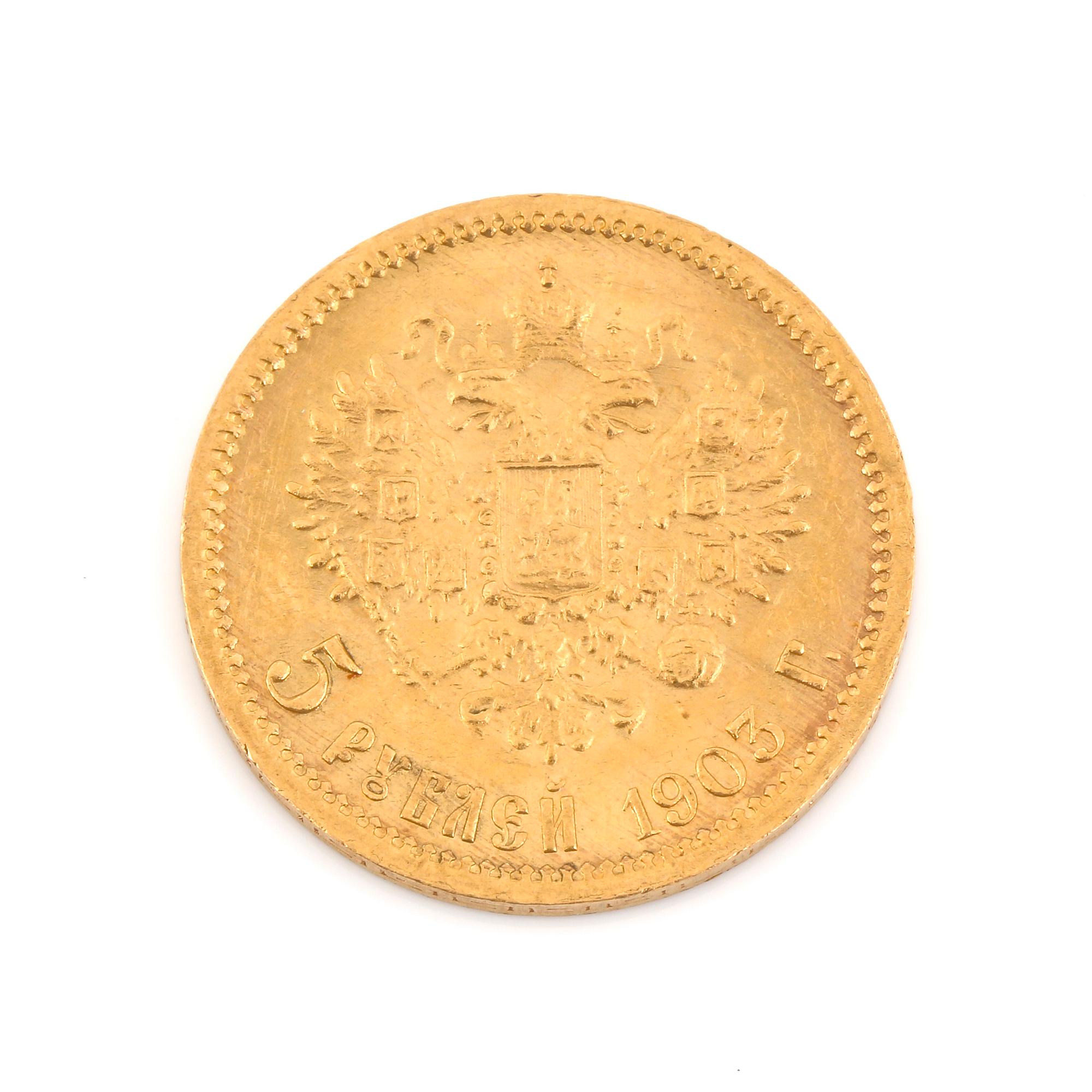 GULDMYNT, 5 Rubel, Nikolaj II, Ryssland 1903. Vikt ca 3 gram.