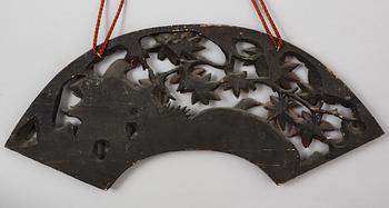 Two sun feather shaped carved and painted wooden decorative elements, with Mandarin ducks and Cranes. Qing dynasty, 19th Century.