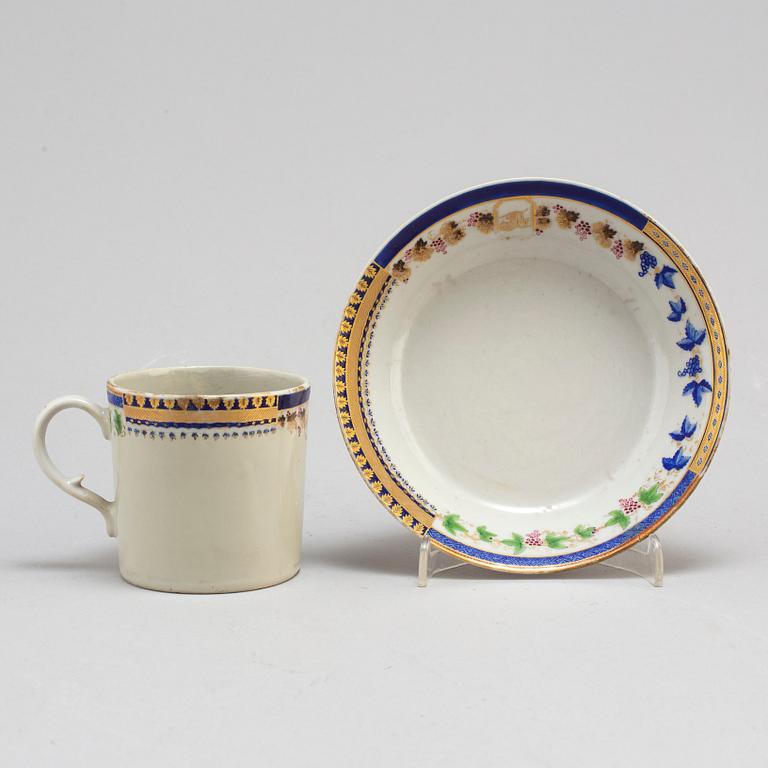 An Export 'sample pattern' cup with saucer, Qing dynasty, Qianlong (1736-95).