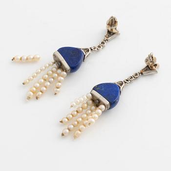 Earrings, with lapis lazuli, old-cut diamonds, and tassels with pearls.