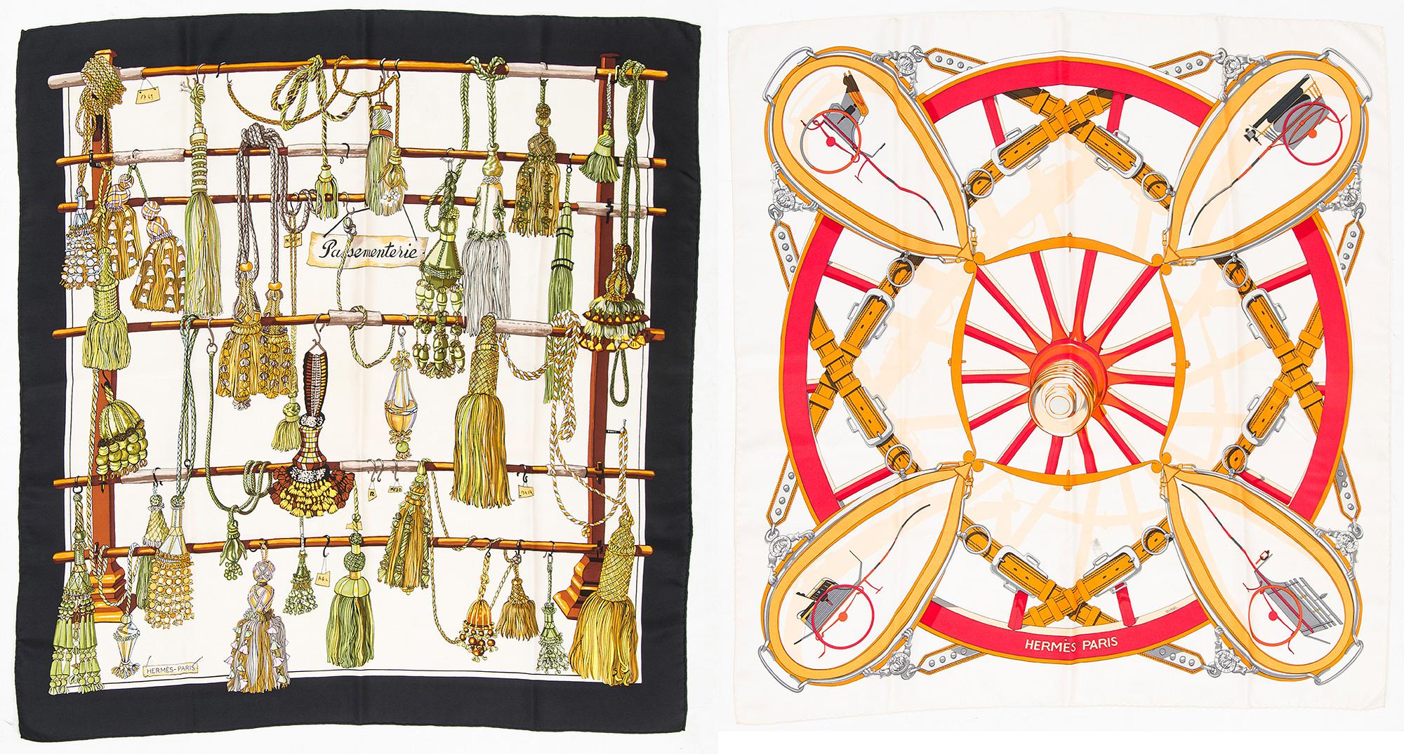 Hermès, two silk scarves, 'Passementerie' and 'Moyeux'.