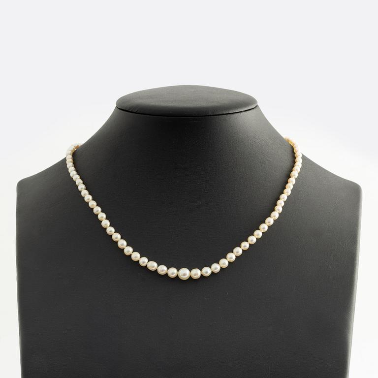 Pearl necklace, with graduated cultured pearls, clasp with emerald and rose-cut diamonds.