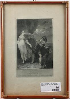 GRAVYRER, 2 st, efter R. Smirke resp W. Hamilton, England 1800-tal.