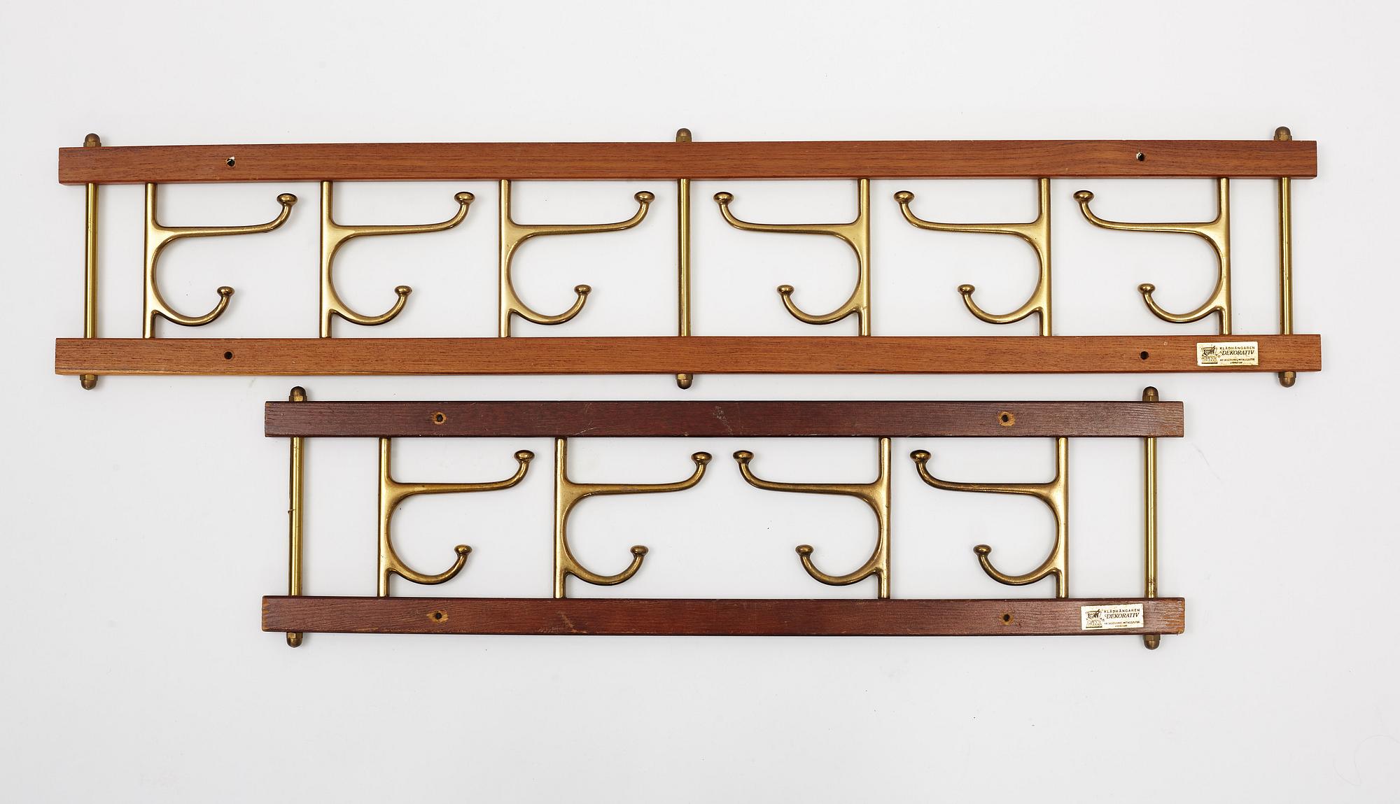 Two 'Dekorativ' coat hangers, Skogslunds metallgjuteri, Anderstorp, mid 20th Century.