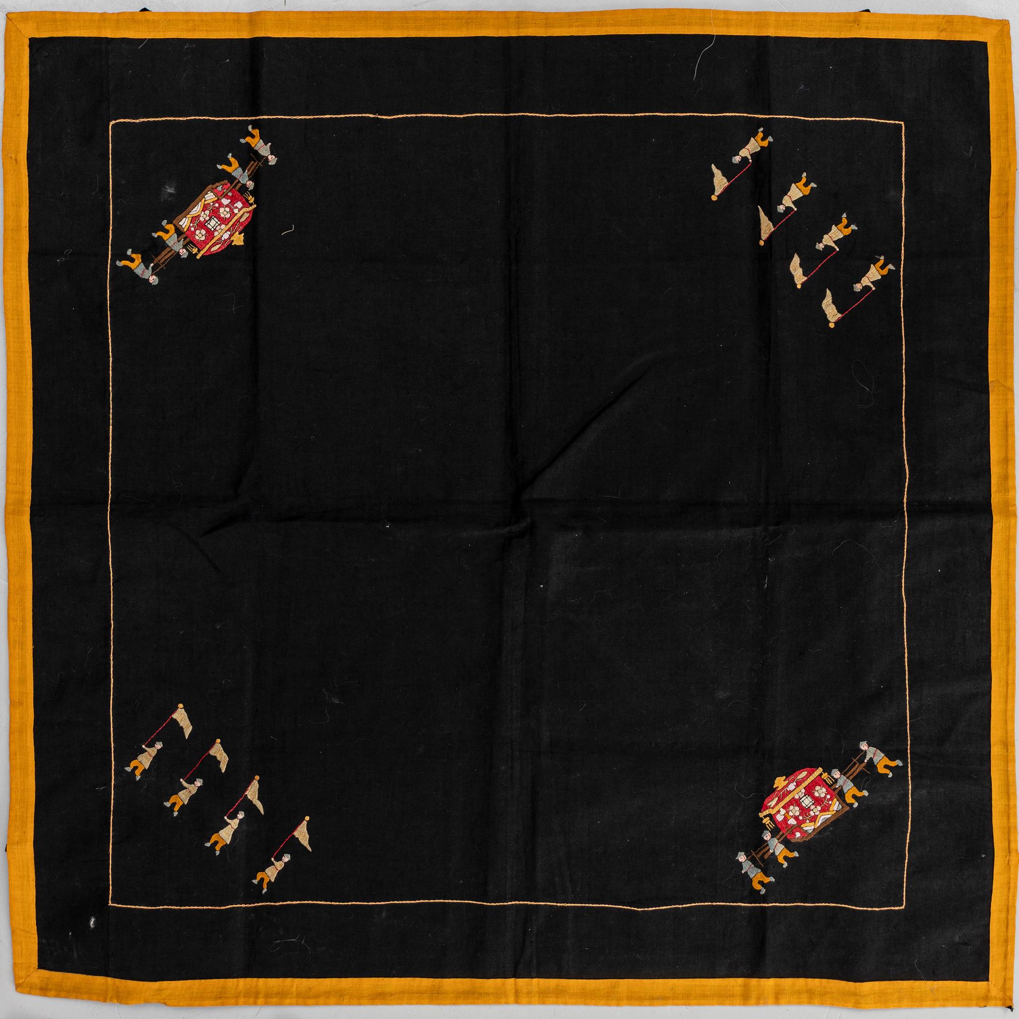 A group lot of embroidered silk textiles and a silk sowing purse, late Qing dynasty/early 20th century.