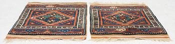 A pair, semi-antique rug, Döşemealtı, Antalya region, Turkey, ca 75 x 77 cm.