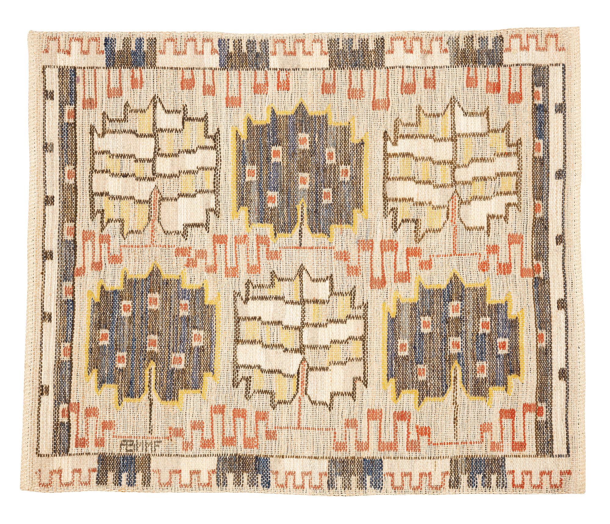Märta Måås-Fjetterström, a textile, "Grodblad blå", flat weave, ca 62 x 76 cm, signed AB MMF.