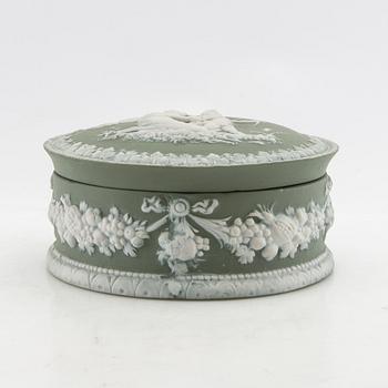 A collection of boxes, plates, and a vase 9 dlr mostly Wedgwood England 20th century jasperware.