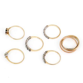 RINGAR, 6 st, mestadels 9K guld med smaragder, skapolit, cubic zirconia och troligen safirer. Total vikt ca 10,06 g.