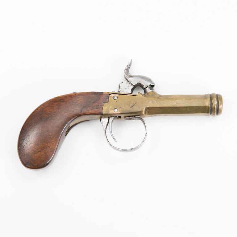 A mid 19th Century cased Belgian percussion pistol.