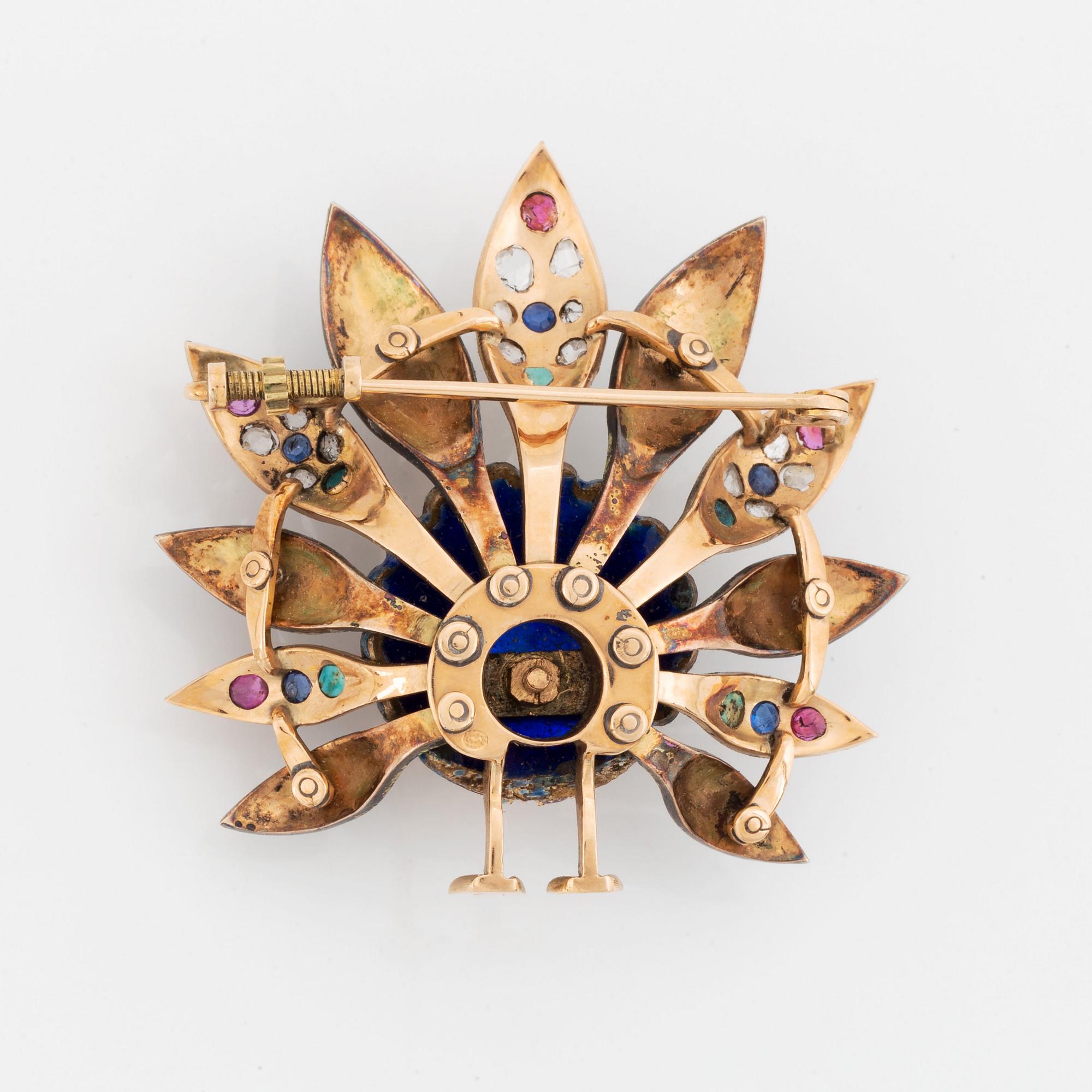 Brosch 14K guld med emaljdekor samt rosenslipade diamanter, safirer och opaler.