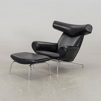 HANS J WEGNER, "Ox chair" lounge chair and stool.