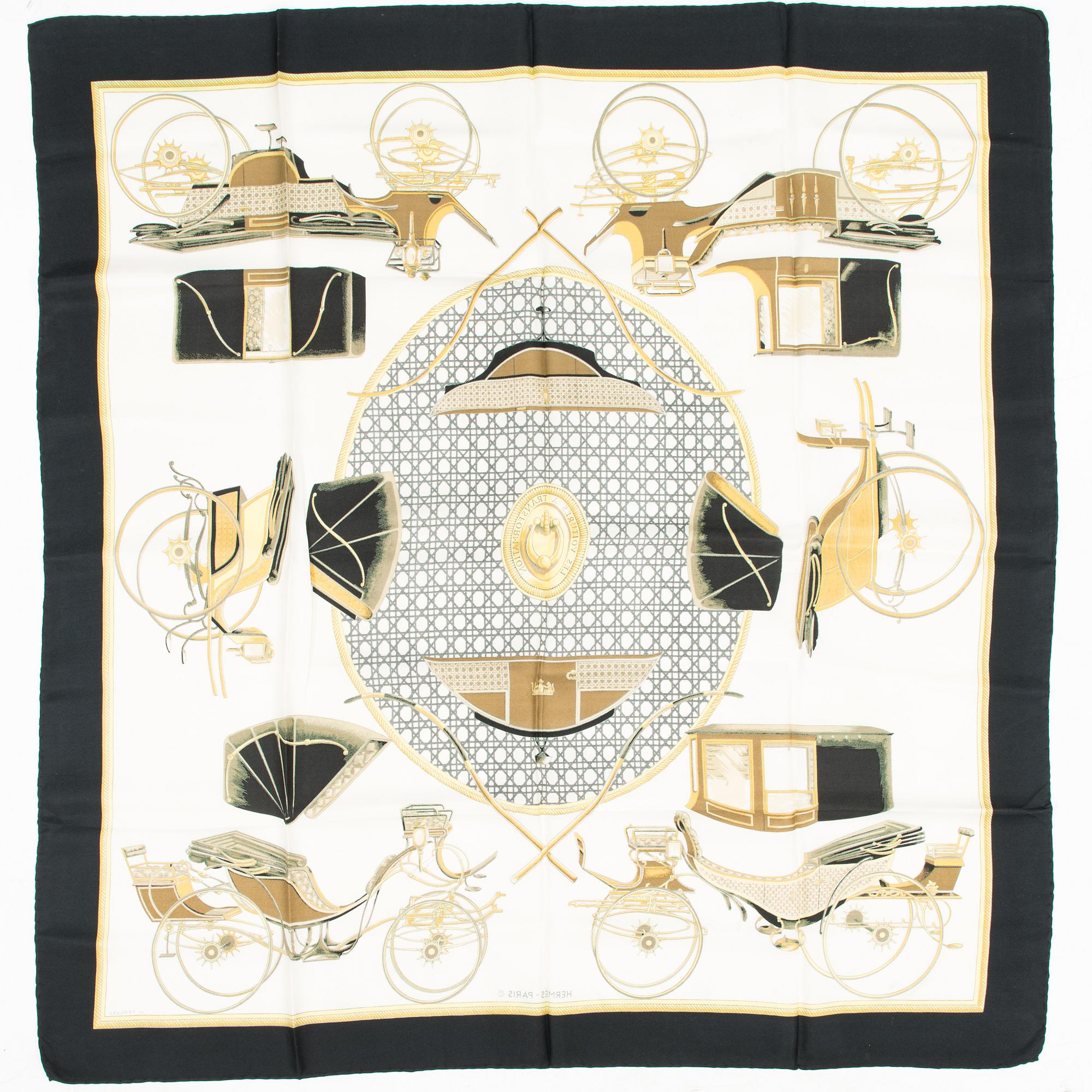 Hermès, Two silk scarves, 'Les Voitures a Transformation' and 'Les Clefs'.