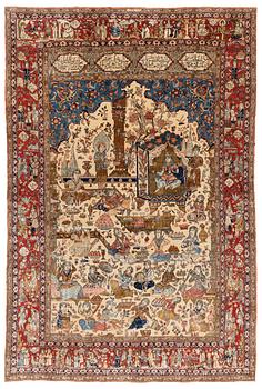 315. A signed semi-antique pictoral part silk Qum carpet, c. 341 x 224 cm.