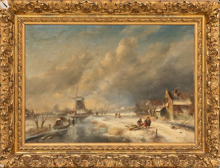 Winter scene with windmills.