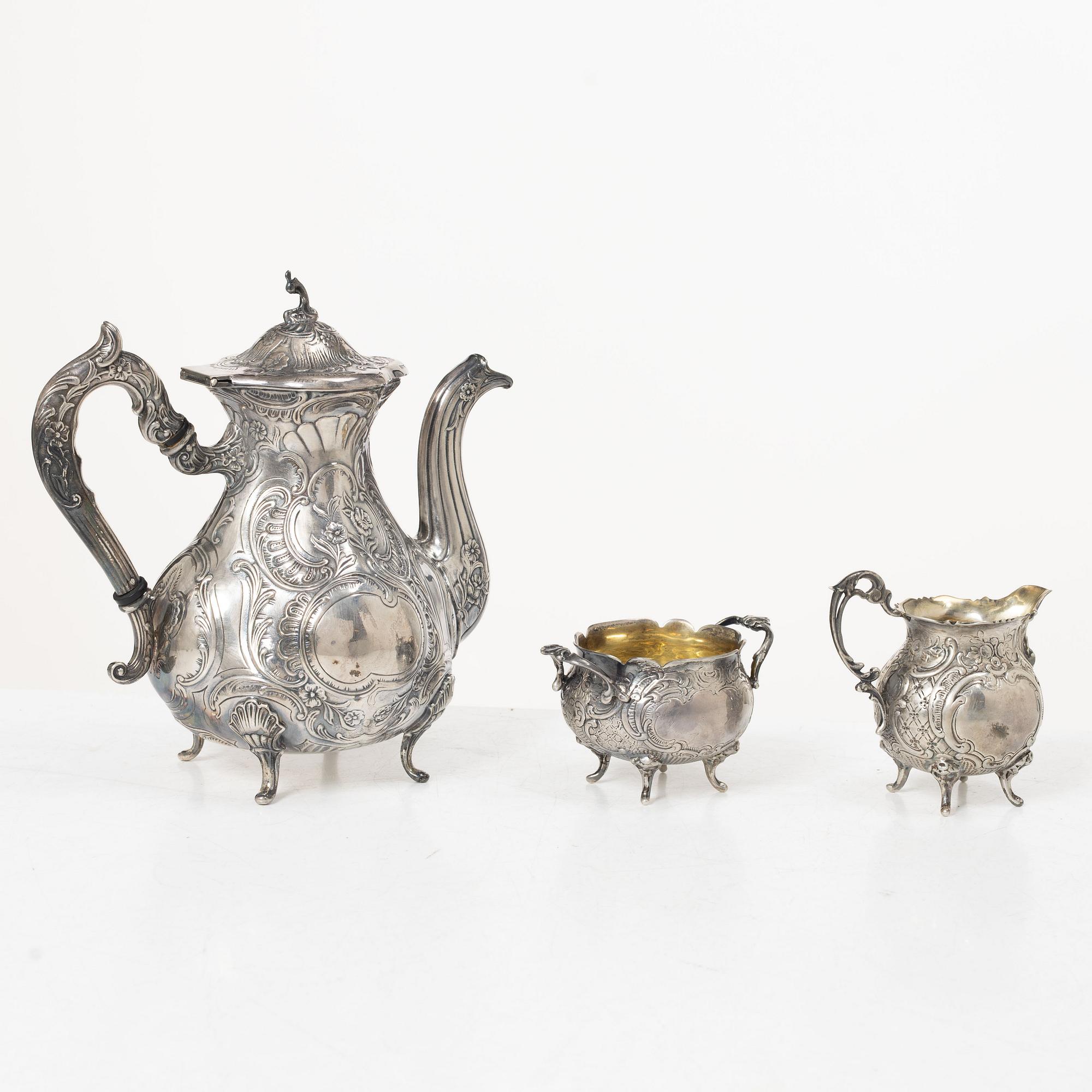 Georg Wessfelt, A Rococo style three piece silver coffee service, Malmö 1959 and 1965.