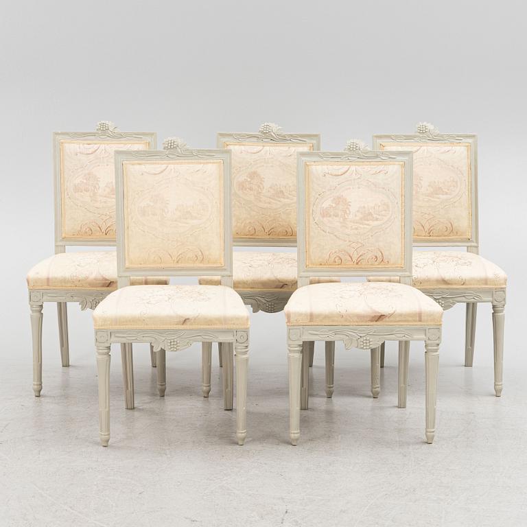 A set of five late-Gustavian chairs from Lindome, late 18th century.