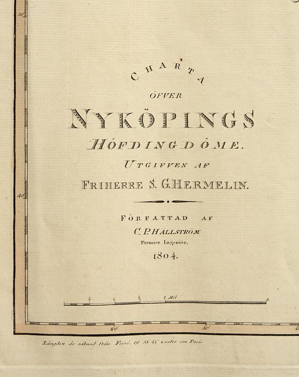 KARTA över Nyköpings höfdingdöme, gravyr, utgiven av Samuel Gustaf Hermelin 1804.