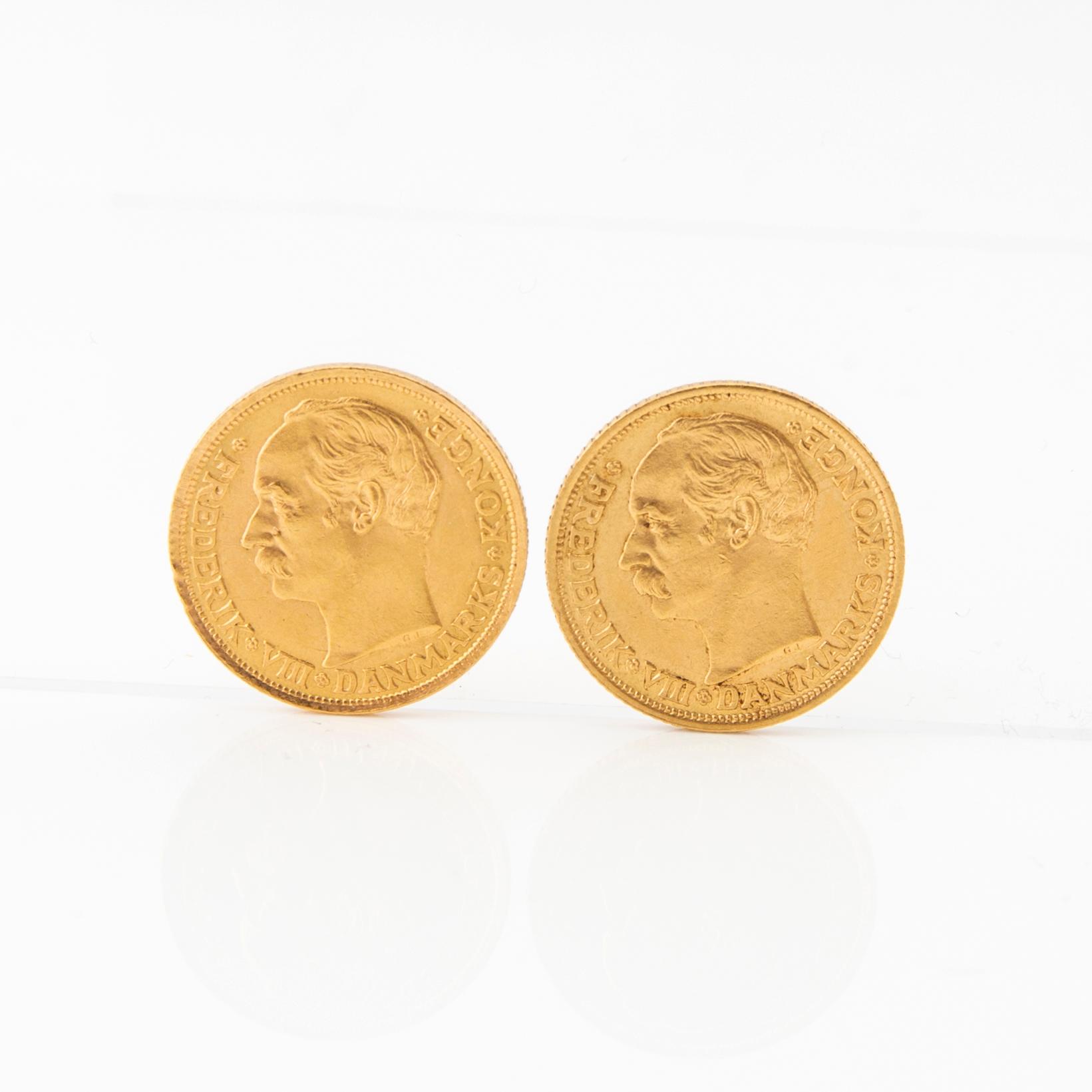 Gold coins 2 pcs 10 kr Frederik VIII, Denmark 1909.