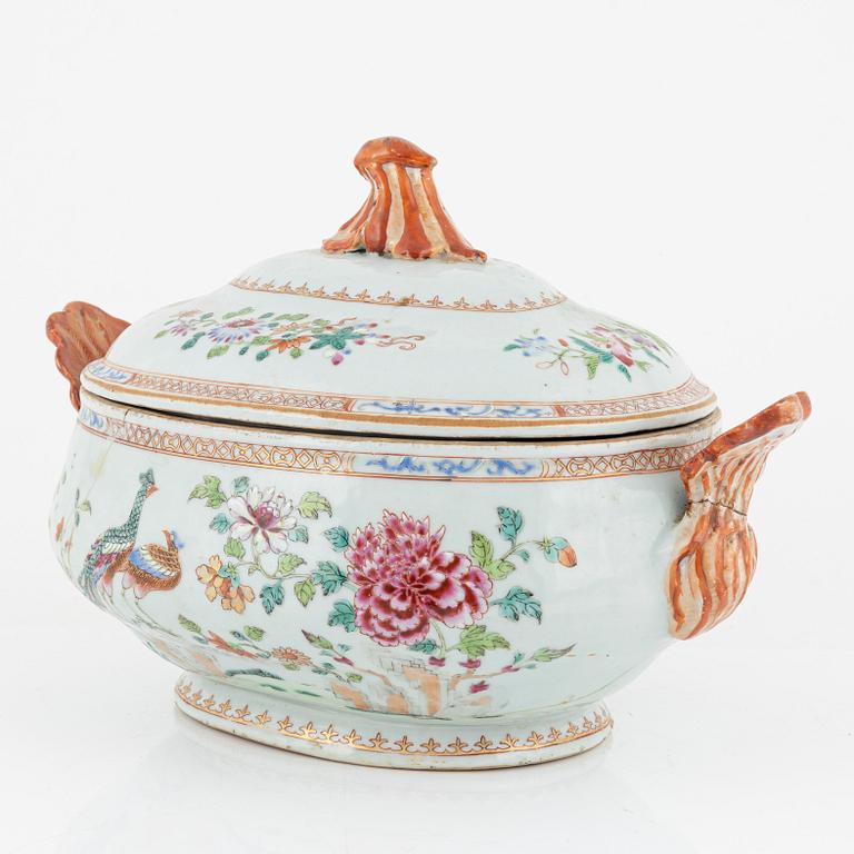 A famille rose 'double peacock' tureen with matched cover, Qing dynasty, Qianlong (1736-95).