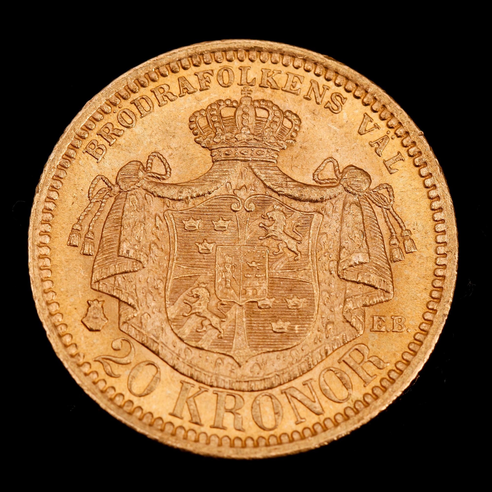 GULDMYNT, 20 kr, Oscar II, 1879. Vikt ca 9 g.