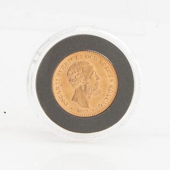 Gold coin Sweden, Oscar II 10 kr, 1883, mint error.