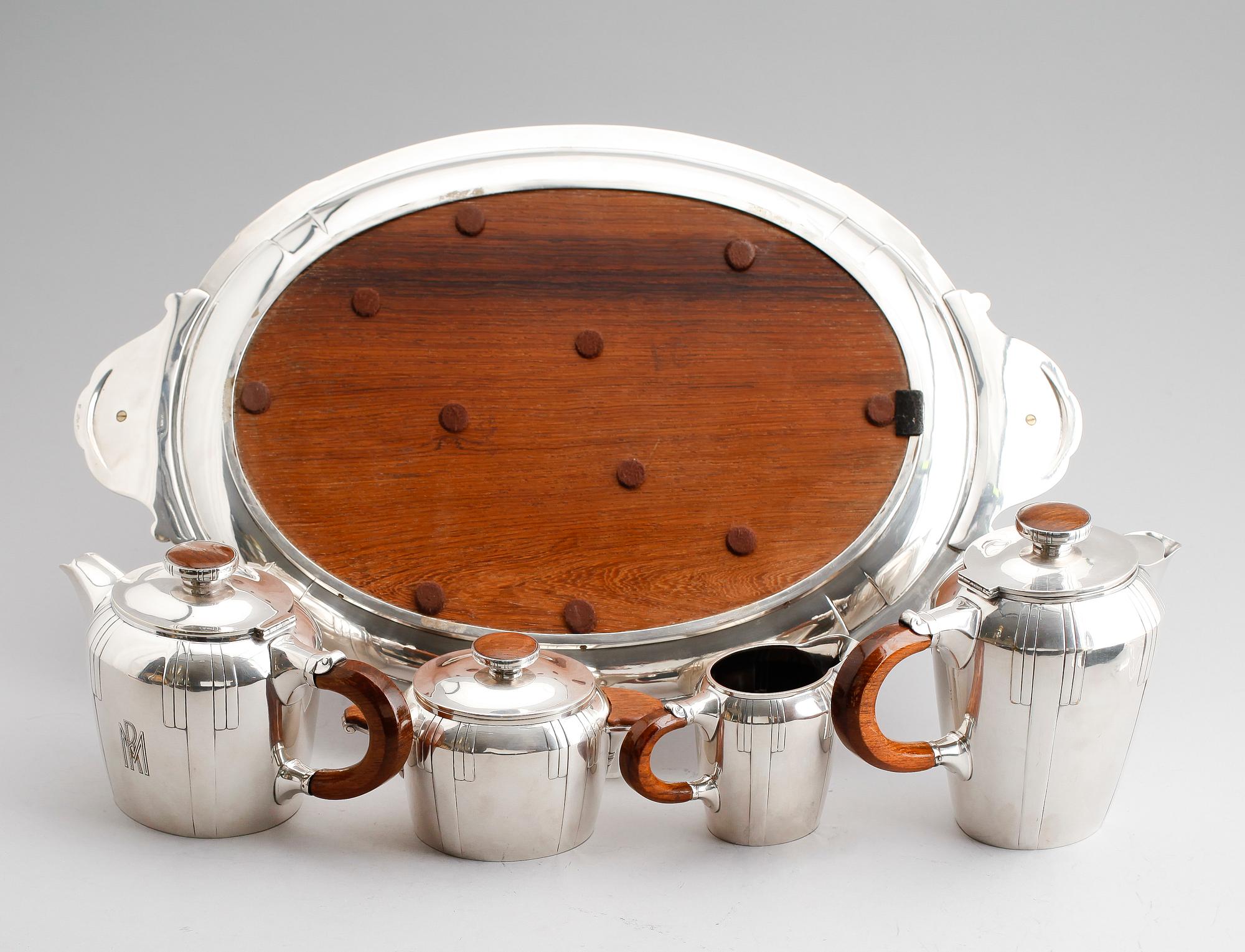KAFFE- OCH TESERVIS, 5 delar, pläter och jakaranda, art déco, 1900-talets första hälft.