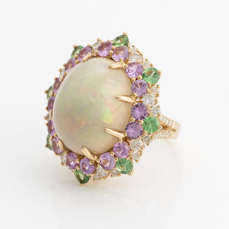 Ring, cocktailring, med opal, rosa safirer, tsavoriter och briljantslipade diamanter.