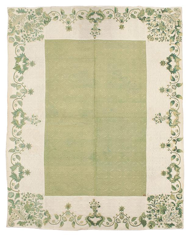 BED COVER. Embroidered silk. Sweden second half of the 18th century.