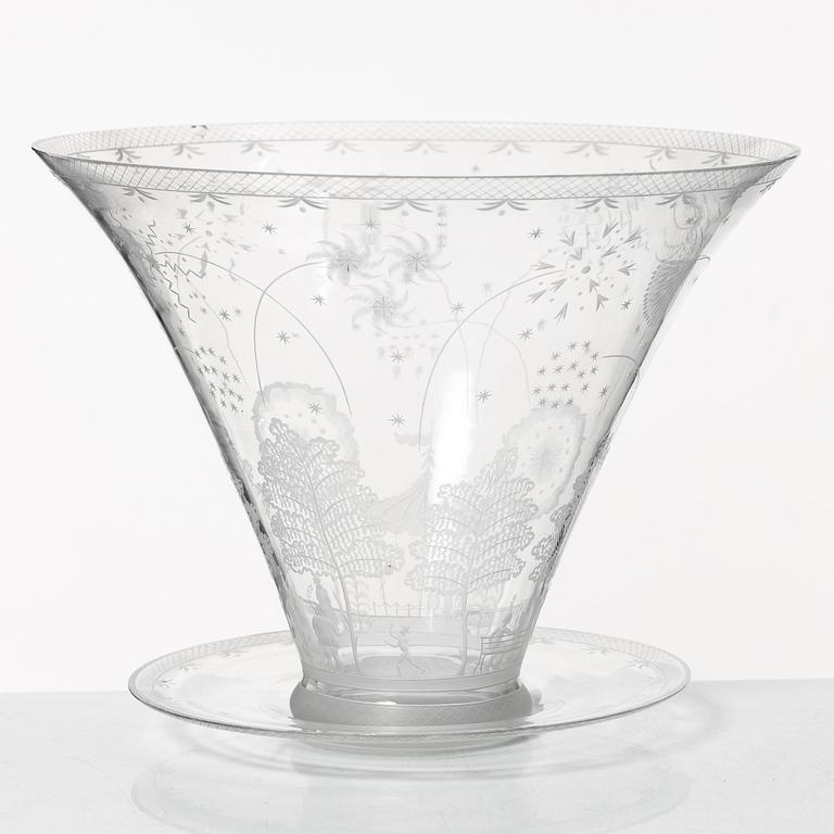 Edward Hald, skål med fat, "Fyrverkeriskålen", Orrefors, 1925.