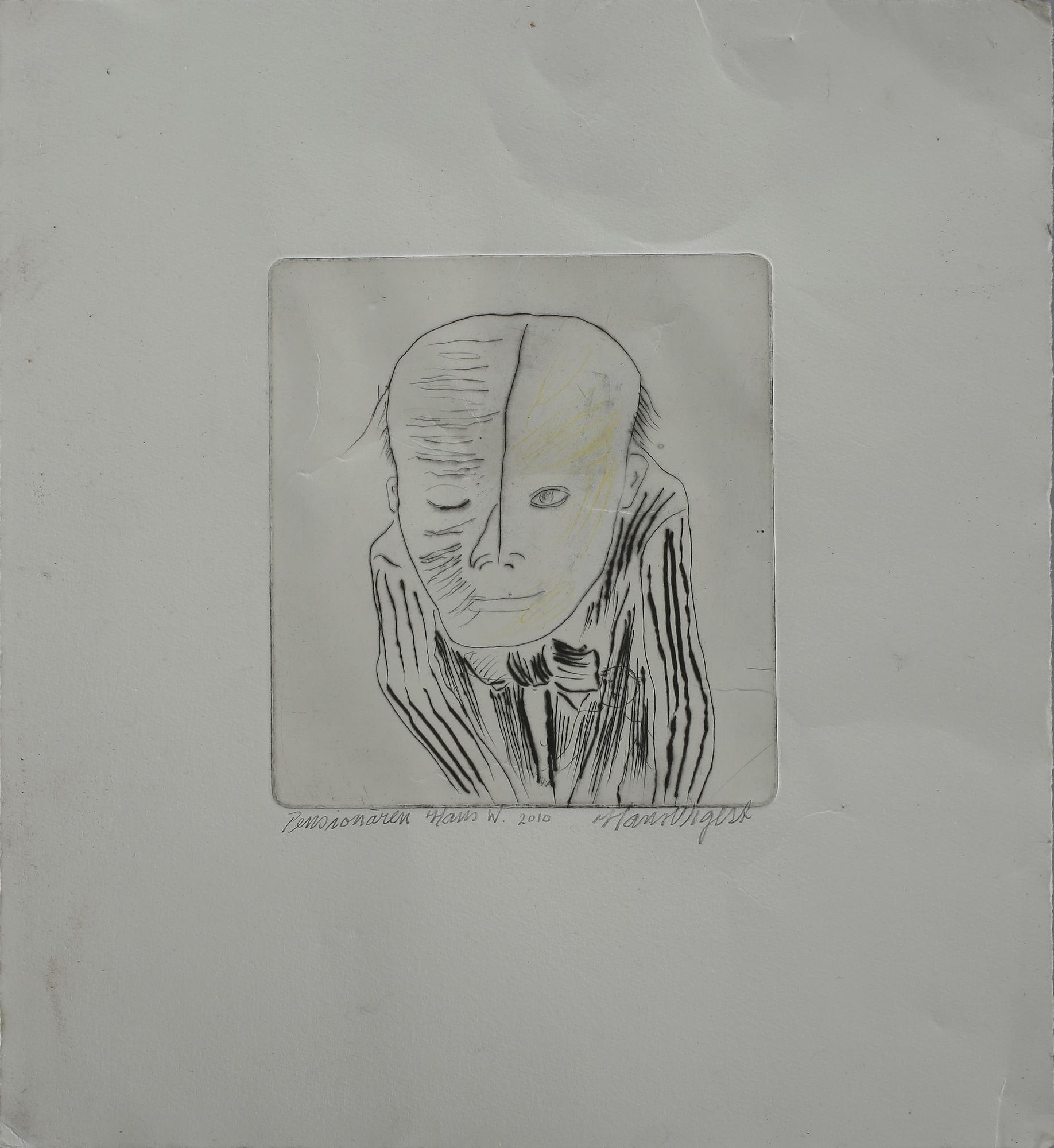 HANS WIGERT, kolorerad torrnålsgravyr, "Pensionären", signerad o daterad 2010.