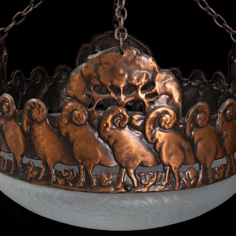 An Art nouveau copper ceiling lamp, early 20th century.
