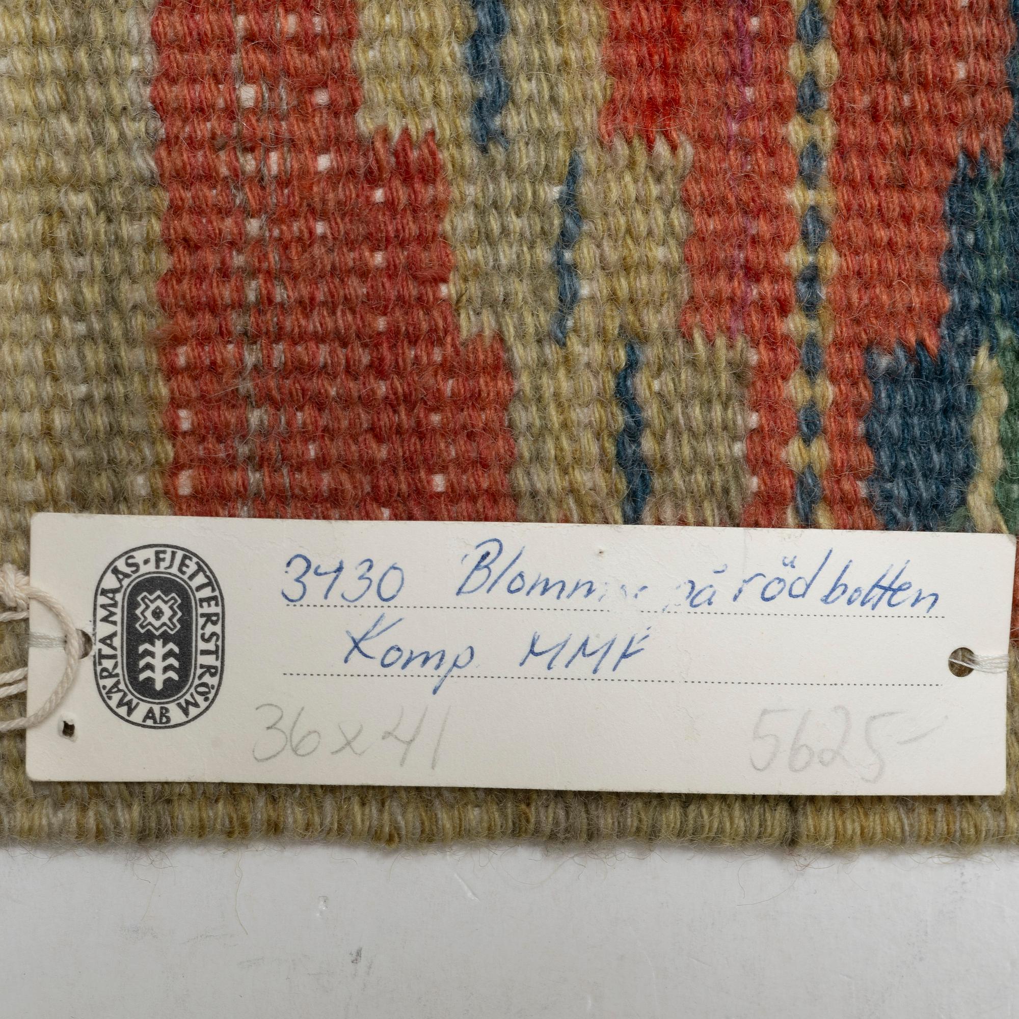 Märta Måås-Fjetterström, A flat weave textile, "Blommor på röd botten", after 1941.