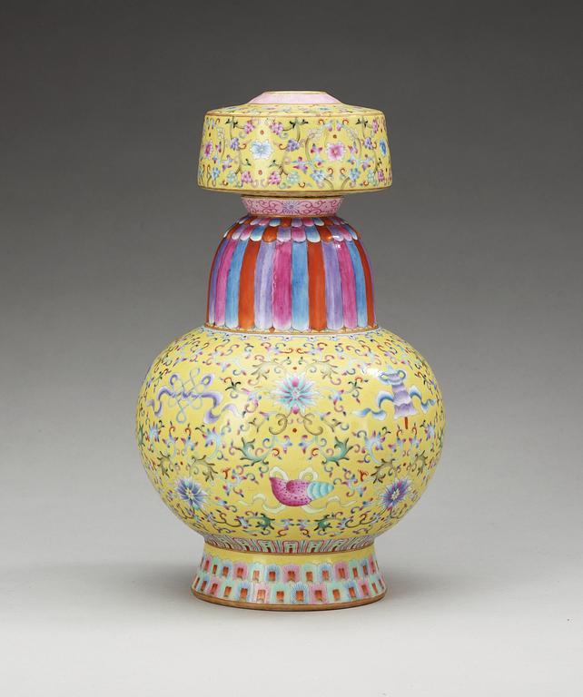 A 'famille rose' yellow-ground altar vase, presumably Republic with Qianlongs seal mark in red.