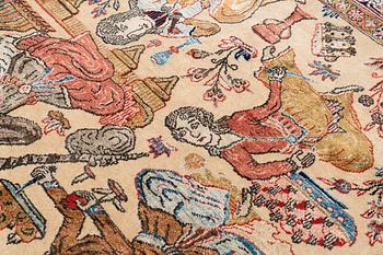 A signed semi-antique pictoral part silk Qum carpet, c. 341 x 224 cm.