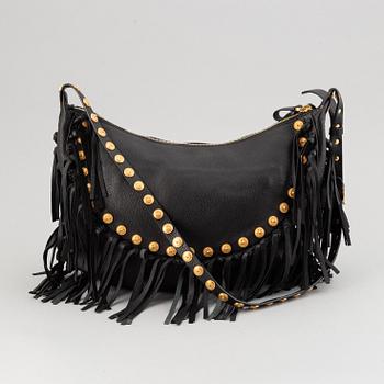 Valentino, a black leather hobo bag.