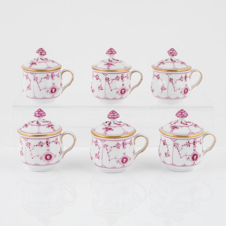 Crèmekoppar med lock, 6 st, porslin, Royal Copenhagen, Danmark, omring år 1900.