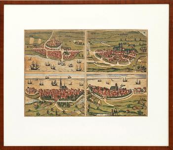 Georg Braun & Franz Hogenberg, four Scanian cities hand-colored copper engraving, Cologne 1588.