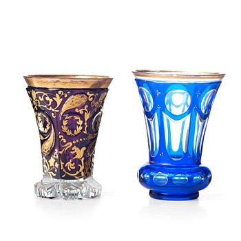 247. Two Russian cut and gilded beaker glasses, 19th Century.