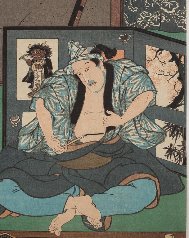 UTAGAWA KUNISADA (1786–1864), färgträsnitt, två stycken. Japan, 1800-tal, "Tale of Shiranui".