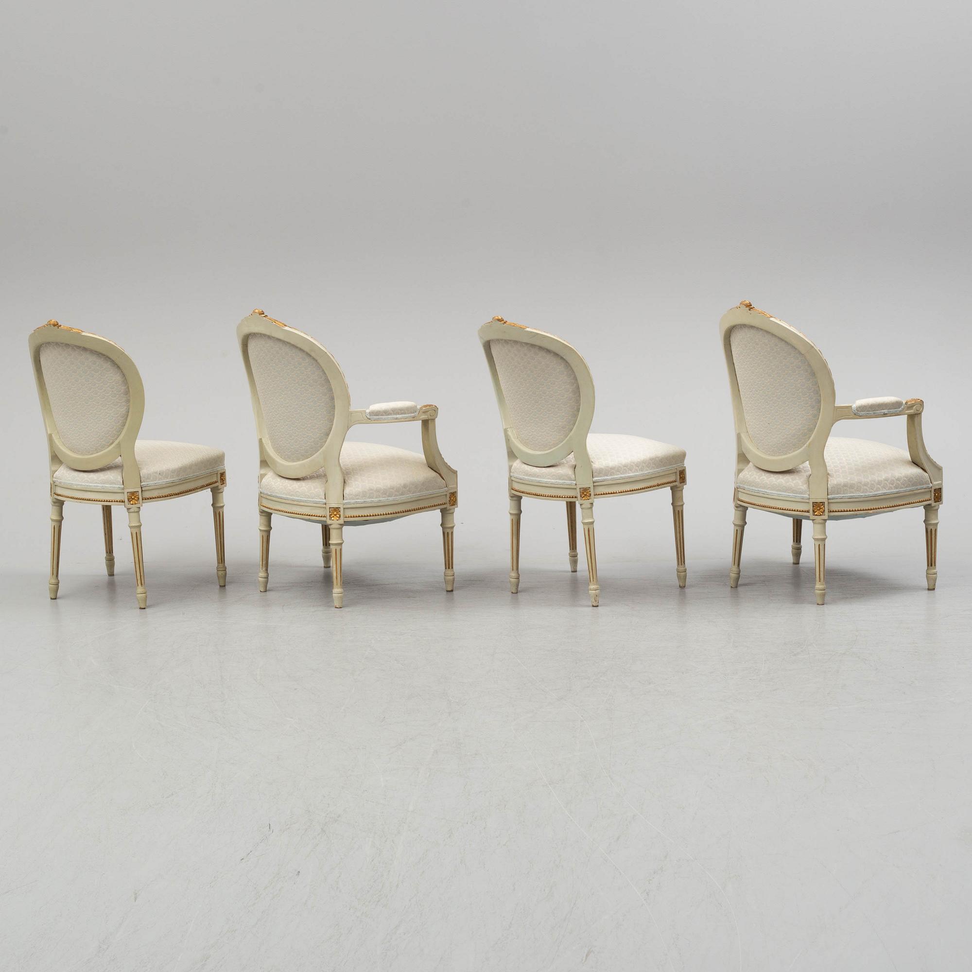 A sofa, four chairs and a table, gustavian style, early 20th century.