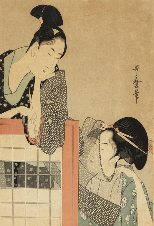 Kitagawa Utamaro, after, two colour woodblock prints, Japan, first half of the 20th century.