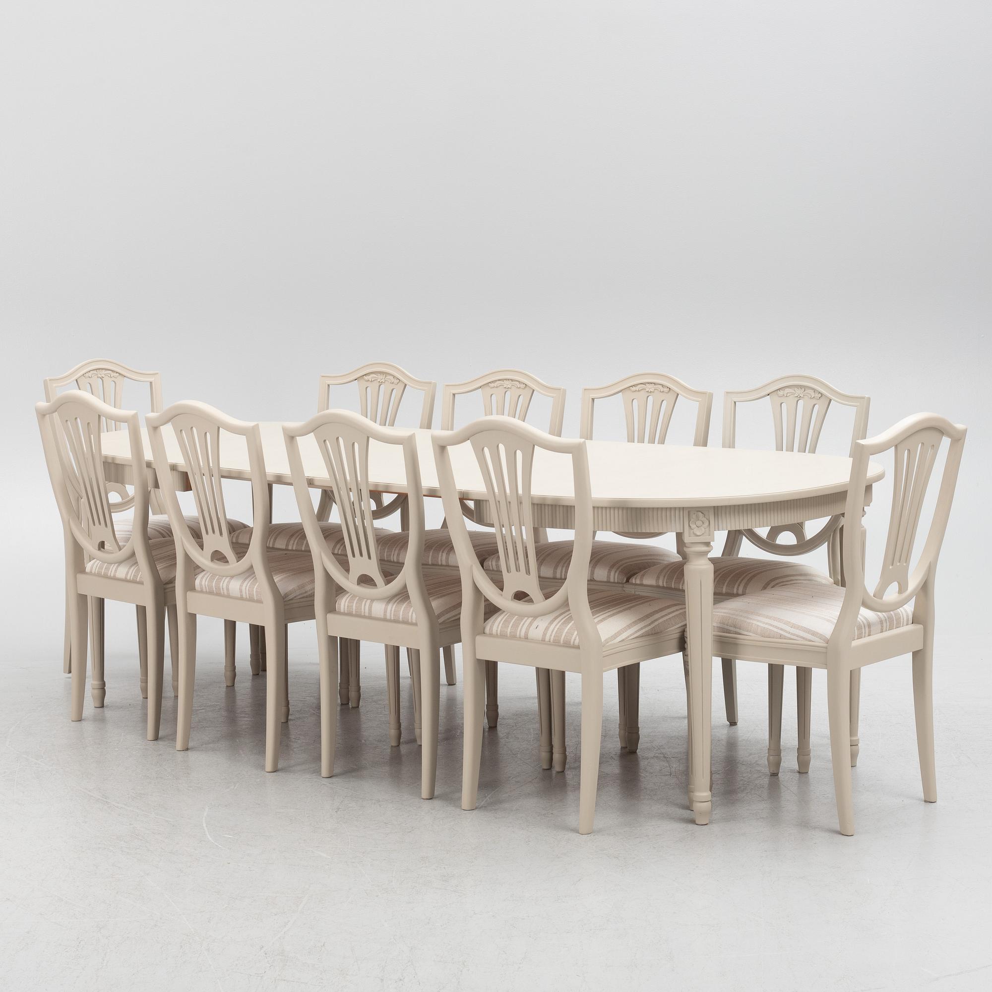 A Gustavian Style Dining Table and 10 Chairs, second half of the 20th Century.