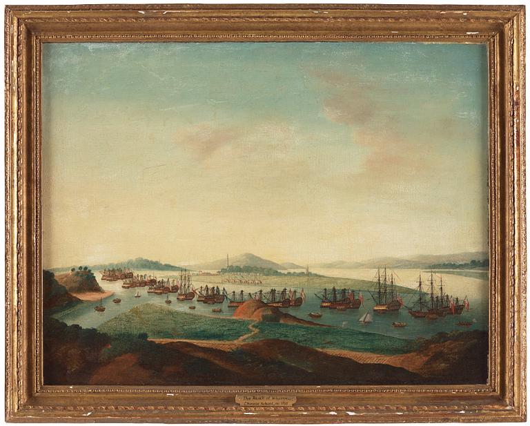 A China Trade oil painting of Whampoa Anchorage by an unknown artist, Qing dynasty, circa 1800.