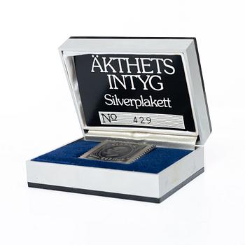 Frimärksplaketter, nio i silver samt en i brons, Guldfynd Plakett AB, bl a 1977.