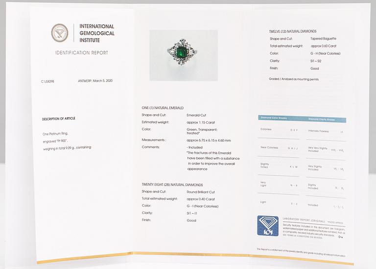A platinum ring with a ca. 1.15 ct emerald and ca. 1.00 cts of diamonds in total.