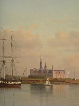 Ehrnfried Wahlqvist Warship at anchor in calm waters by Kronborg Castle.