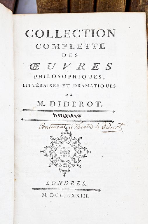 BOKPARTI, 6 delar, bla "Collection complette des Oeuvres philosophiques..." vol V, av M. Diderot. London 1773.