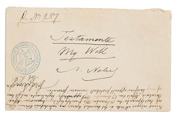 Konvolutet till Alfred Nobels testamente 1895, egenhändigt rubricerat: Testamente /My Will och signerat samt lacksigill.