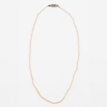 Pearl necklace, graduated pearls, clasp in 18K white gold with small diamonds.